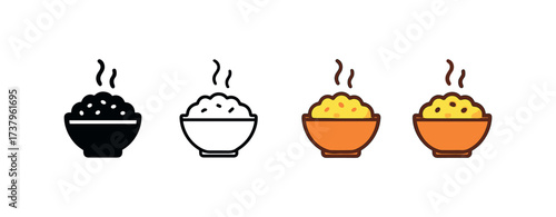 Vector icon risotto bowl four styles black solid glyph outline minimal flat multicolor filled cartoon flat shaded.