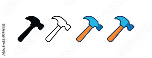 Vector icon hammer four styles black solid glyph outline minimal flat multicolor filled cartoon flat shaded.