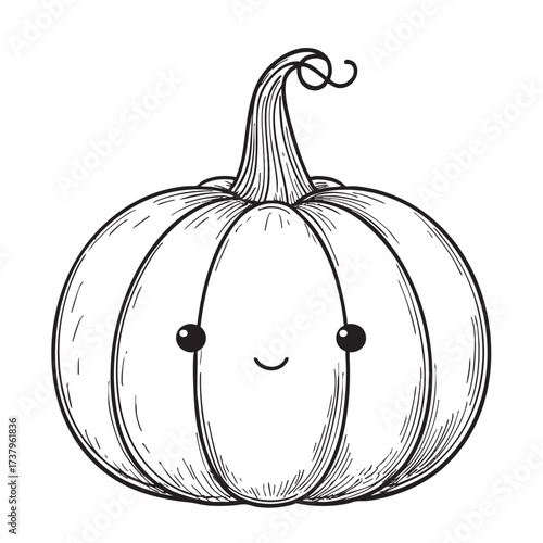Cute smiling pumpkin sketch with a curly vine stem.