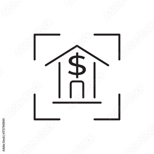 Editable stroke line icon of a house with a dollar sign in a frame, symbolizing real estate investment, property value, or home finance. Perfect for apps, websites, and infographics.