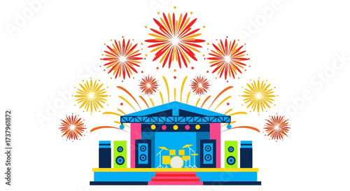 Vibrant concert stage illustration with fireworks, perfect for event promotions and festive designs