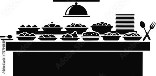 Buffet table silhouette with assorted dishes and utensils