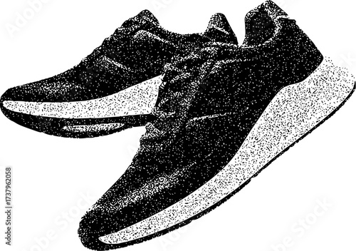 Black and white illustration of two athletic sneakers with speckled soles