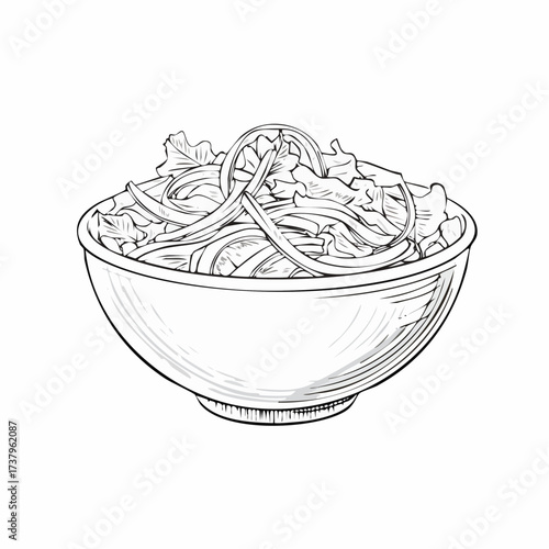 Illustration of a bowl filled with noodles and leafy greens, in a sketch style.