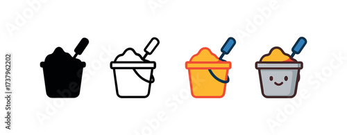 Vector icon mortar bucket four styles black solid glyph outline minimal flat multicolor filled cartoon flat shaded.