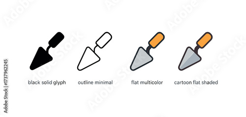 Vector icon trowel four styles black solid glyph outline minimal flat multicolor filled cartoon flat shaded.
