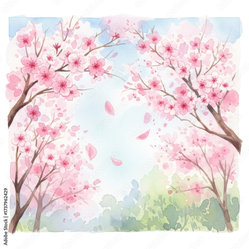 Fototapeta premium Delicate watercolor painting depicting blooming cherry blossoms in springtime serenity