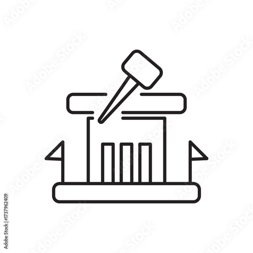 Editable stroke line icon of a podium with a gavel and rising bars flanked by flags, symbolizing financial success, business leadership, or economic growth. Ideal for apps, websites, and infographics.