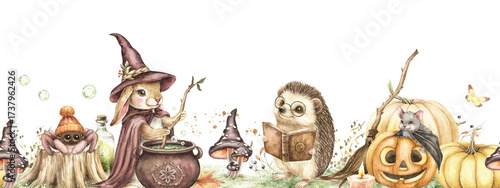 Wizard school watercolor seamless border with sorcerer bunny, hedgehog with book, cute spider, bat, autumn pumpkins, vintage cauldron, witch broom. Hand drawn Halloween illustration isolated on white.