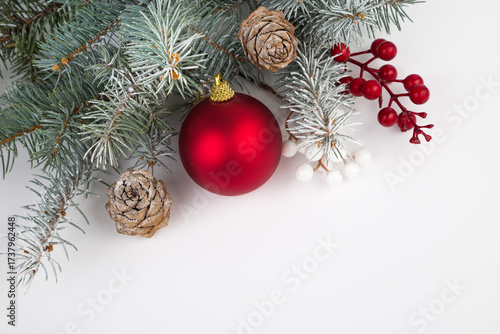 Obraz na płótnie Christmas card with fir branches and Christmas decorations