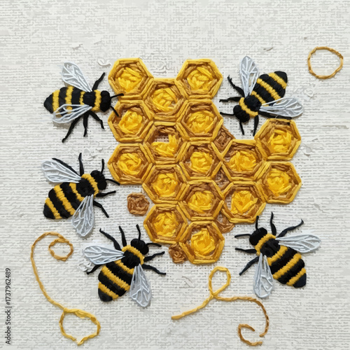 "Bee and Honeycomb Embroidery on White Background – Needlework Design"