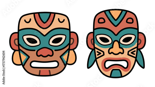 A vibrant and powerful doodle-style illustration of two traditional Polynesian tiki masks, classic and mystical icons of Hawaiian culture, gods, and heritage.
