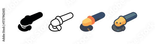 Vector icon angle grinder four styles black solid glyph outline minimal flat multicolor filled cartoon flat shaded.