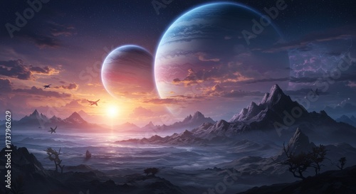 Celestial Sunrise Over a Distant Alien Planets Mountainous Landscape.