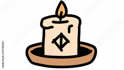 A simple and mystical doodle-style illustration of a lit candle with a runic symbol, a classic icon for magic, rituals, and serene, spiritual moments.
