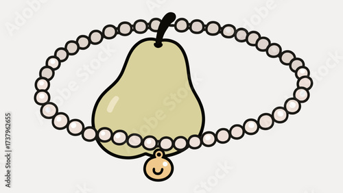 A simple and elegant doodle-style illustration of a pear surrounded by a string of pearls, a classic and timeless icon of luxury, beauty, and refined taste.
