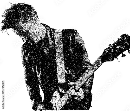 Black and White Stippled Illustration of a Musician Playing Guitar