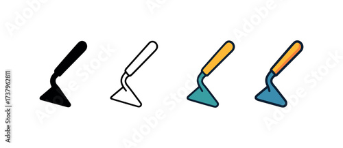 Vector icon hoe four styles black solid glyph outline minimal flat multicolor filled cartoon flat shaded.