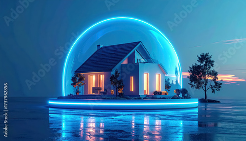 Futuristic 3d house model protected by glowing blue security dome with minimal background and copy space for text