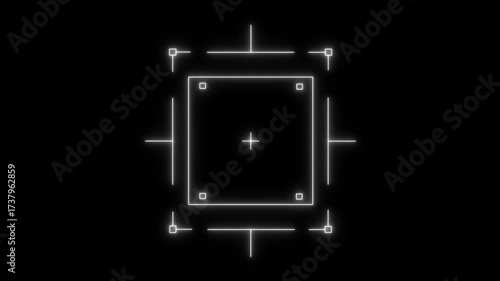 Loop in of formation of square radar display with target in sight in center on a black background Target searching scope and scanning element theme. neon Hud square target futuristic animation.