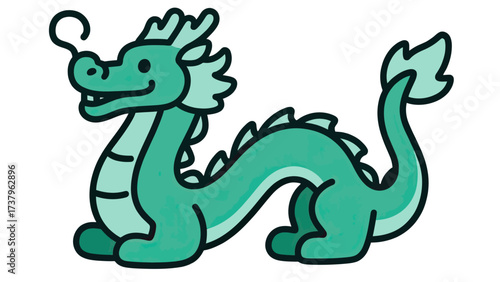 A simple and friendly hand-drawn illustration of a green Chinese sea dragon, a charming and approachable character for fantasy, mythology, and cultural designs.
