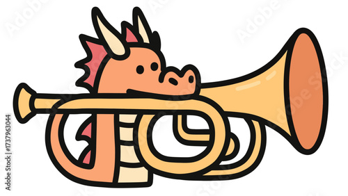 A simple and charming doodle-style illustration of a cute dragon playing a trumpet, a playful and whimsical character for children's stories, music, and fantasy fun.

