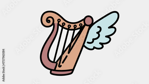 A simple and elegant doodle-style illustration of a winged harp, a beautiful and mystical icon for celestial music, angelic choirs, and ethereal, divine sounds.
