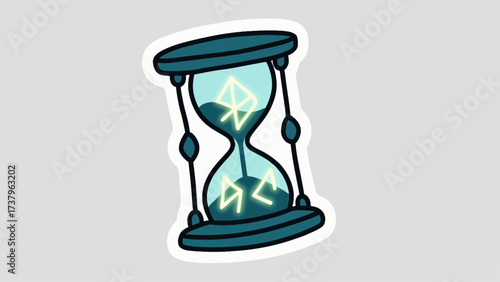 A simple and mystical doodle-style illustration of a magical hourglass with glowing runes, a classic icon for fantasy, time, and ancient, powerful spells.
