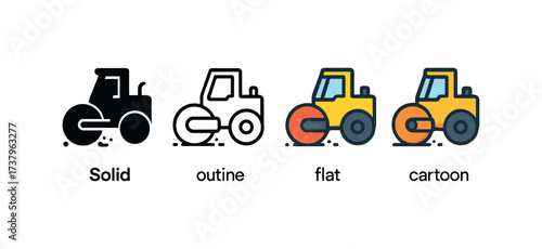 Vector icon scraper machine four styles black solid glyph outline minimal flat multicolor filled cartoon flat shaded.