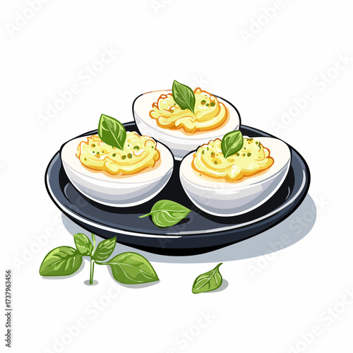 Three deviled eggs garnished with fresh basil leaves on a dark plate, with additional basil sprigs scattered around.