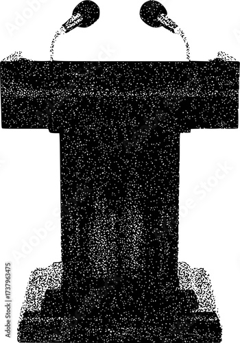 Black podium with two microphones on a white background, representing public speaking
