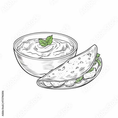 Hand-drawn sketch of a bowl of creamy dip with mint leaves next to a folded flatbread filled with round ingredients and greens, on a white background.
