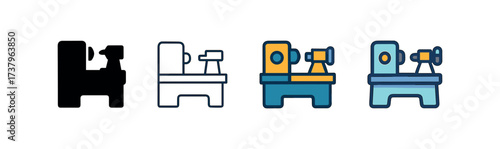 Vector icon lathe machine four styles black solid glyph outline minimal flat multicolor filled cartoon flat shaded.