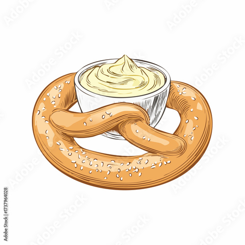 A hand-drawn illustration of a large, golden-brown pretzel with coarse salt sprinkled on top, cradling a small white bowl filled with creamy yellow cheese dip.