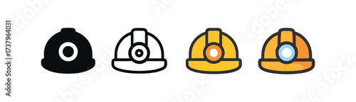 Vector icon safety helmet with lamp four styles black solid glyph outline minimal flat multicolor filled cartoon flat shaded.