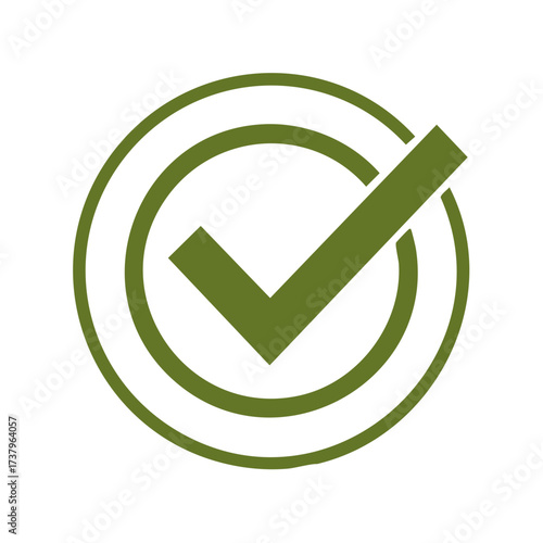 Olive Green Check Mark within Double Circle Frame, Symbol of Approval and Validation, Verification Icon