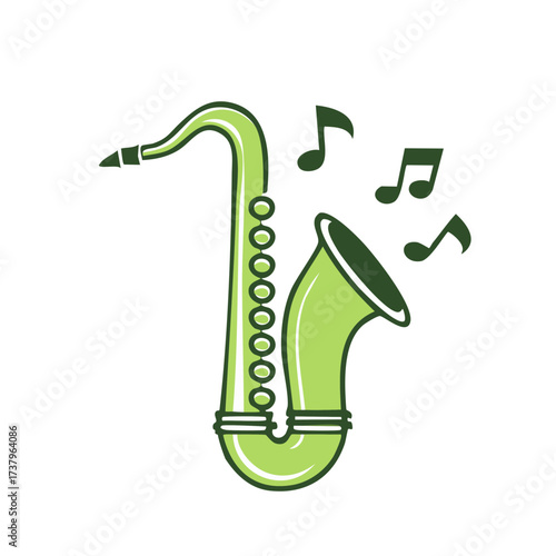 Green saxophone musical instrument icon with notes for a jazz music concept
