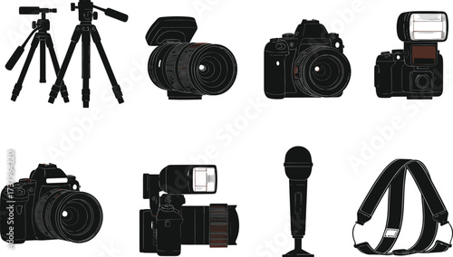 Professional photography equipment, DSLR cameras, tripods, camera strap, external flash, zoom lens, wide angle lens, microphone, audio gear, studio tools
