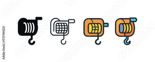Vector icon winch four styles black solid glyph outline minimal flat multicolor filled cartoon flat shaded.