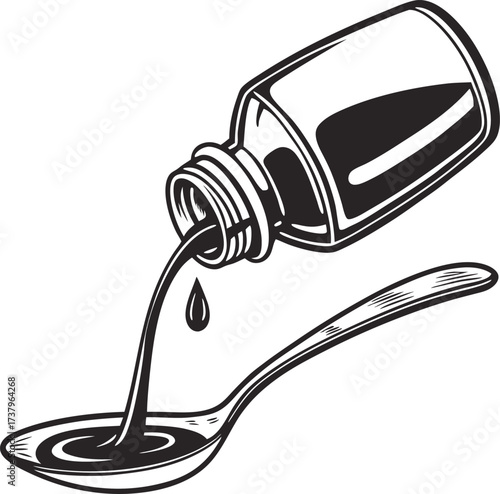 Black and white illustration of dark liquid pouring from a bottle onto a spoon