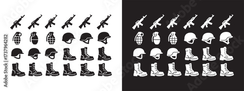 Icons of military ammunition, helmets, machine guns, shoes
