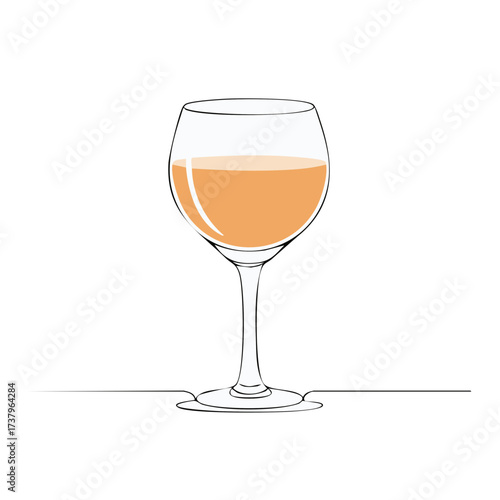 A single line drawing of a wine glass filled with amber liquid on a white background