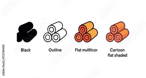 Vector icon timber stack four styles black solid glyph outline minimal flat multicolor filled cartoon flat shaded.