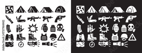Military equipment badges. Military technology icons