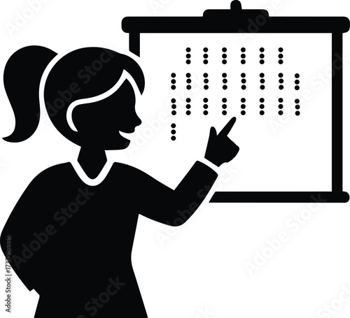 Woman teaching braille system on whiteboard accessible education concept