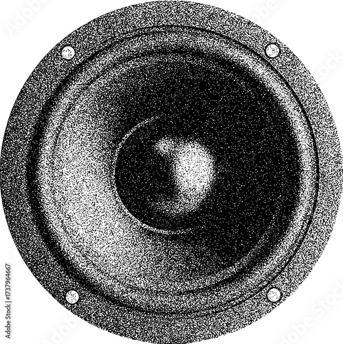 Close-up of a black speaker cone with a stippled texture and four mounting screws