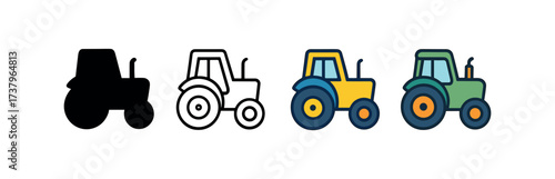 Vector icon farm tractor four styles black solid glyph outline minimal flat multicolor filled cartoon flat shaded.