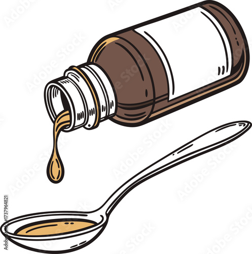 Brown liquid medicine pouring from a bottle into a spoon for dosage