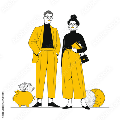 Financial illustration of a man and a woman in full length