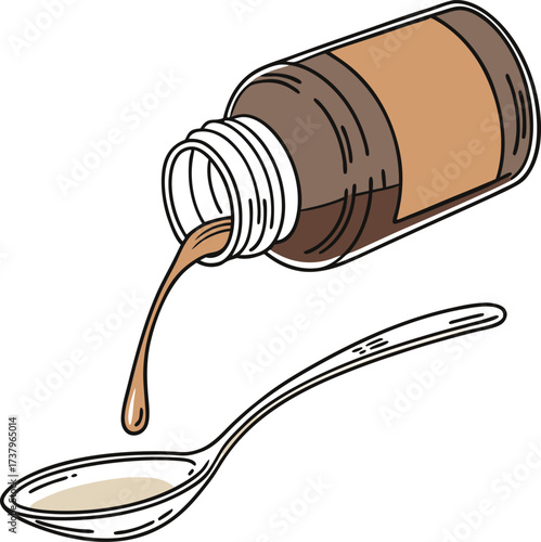 Brown liquid medicine being poured from a bottle into a spoon for dosage